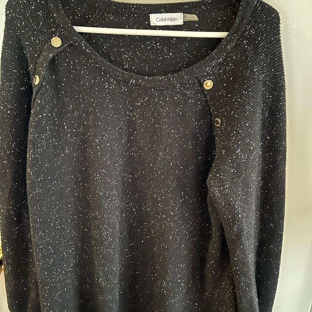 Calvin Klein black speckled sweater with gold buttons